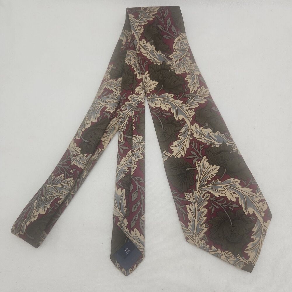 Tie Floral Acanthus Leaf Burgundy Tan Silk Necktie 56" Rooster USA Made 1980'S